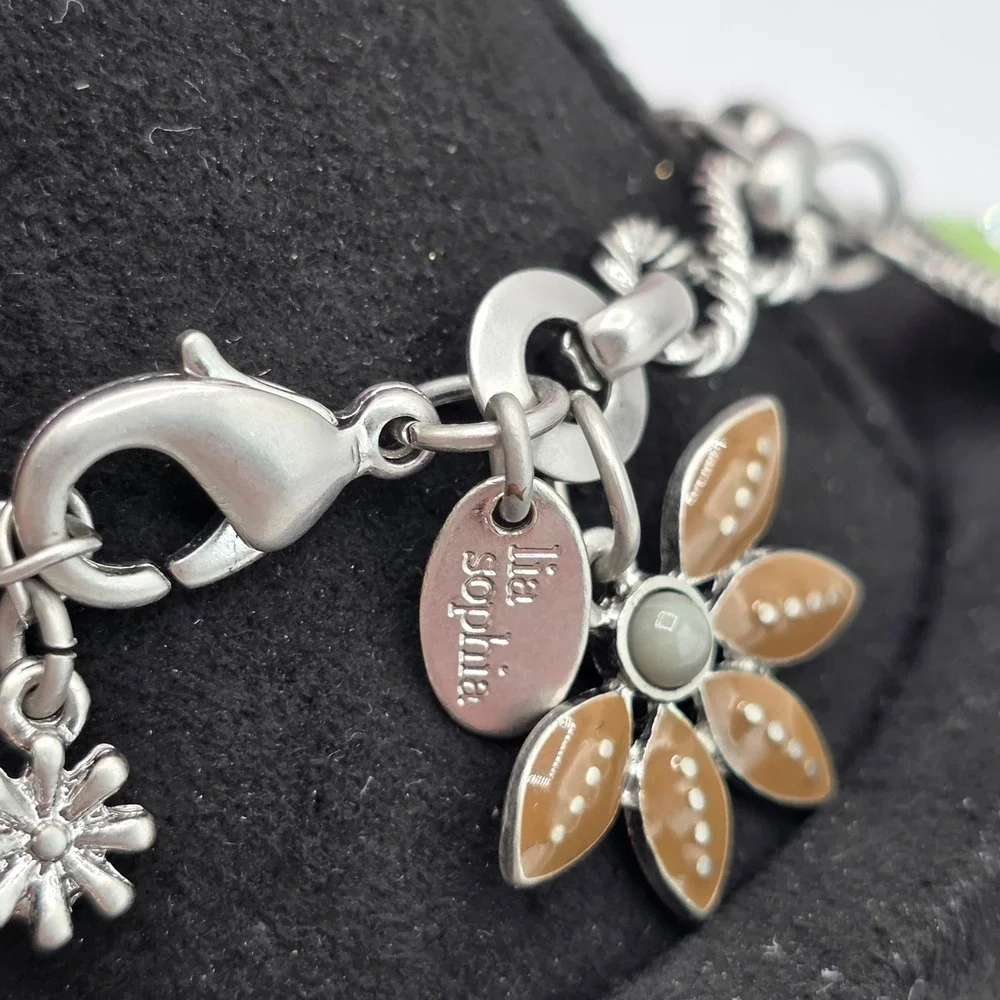 Lia Sophia Silver Tone Enamel Floral Charm Bracelet Green Brown Rhinestone 8.5in